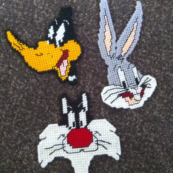 3 Hand-made Cross-Stitch Bugs, Daffy, and Sylvester Refrigerator Magnets - Picture 1 of 4